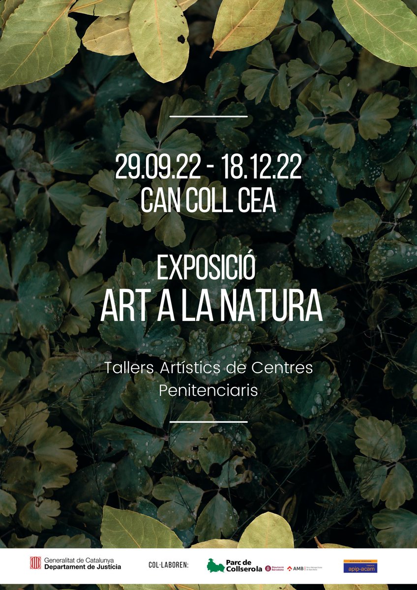 parcncollserola's tweet photo. 🍂☀️🎨 EXPOSICIÓ: ART A LA NATURA 🎨☀️🍂
Mostra elaborada pels Tallers Artístics dels Centres Penitenciaris de Catalunya.
🗓Tots els diumenges fins el 18 de desembre a #CanColl
📑No cal inscripció prèvia
Organitza:
@justiciacat
🔗https://t.co/nlIC7QYy4K https://t.co/SLuXx5jTl0
