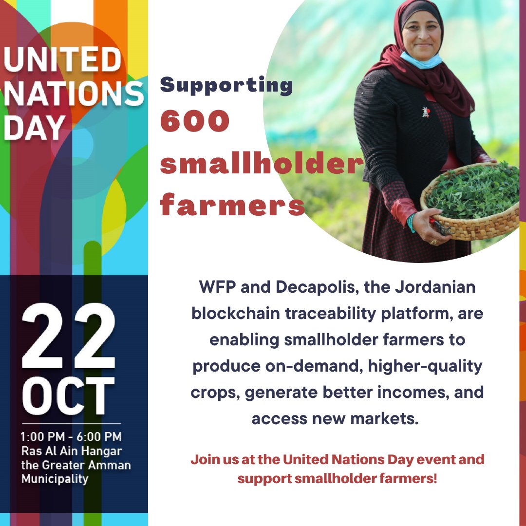 600!🌿

🧑‍🌾👩🏽‍🌾That's the number of smallholder farmers supported by <a href="/WFP_Jordan/">WFP Jordan</a> &amp; <a href="/Decapolisio/">Decapolis</a>

Join us at the <a href="/UN/">United Nations</a> Day #UN77 public event &amp; support the farmers!
📍Ras Al Ain Hangar🕐22 Oct, 1:00-6:00pm