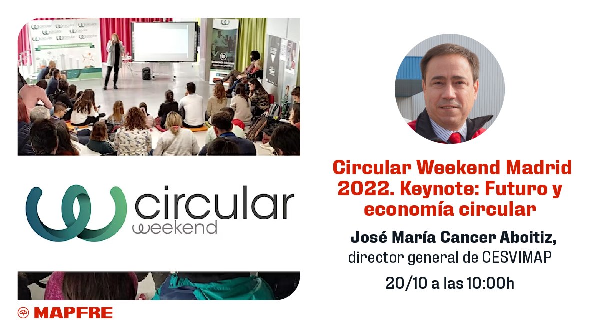 MAPFRE's tweet photo. Hoy @CancerJM dir. gral. de @CESVIMAP participa en #Circularweekend Madrid 2022 que organiza @envirooES y que patrocina #MAPFRE con la keynote “La #economíacircular es como el cerdo, se aprovecha todo: el ejemplo de las baterías eléctricas"
Más info en https://t.co/PsZhQX0gBH https://t.co/5PL3eX0hmb