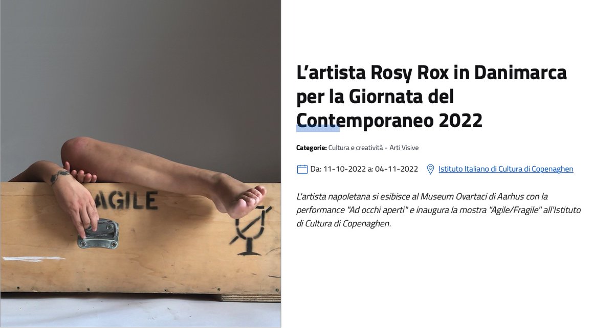 #Italiana racconta i due progetti dell’artista napoletana #RosyRox in #Danimarca in occasione della #GiornataDelContemporaneo di <a href="/AMACI_musei/">AMACI</a>: la performance Ad occhi aperti al #MuseumOvartaci di #Aarhus e la mostra Agile/Fragile all'<a href="/IICCopenaghen/">Istituto Italiano di Cultura Copenaghen</a>. bit.ly/3eJn2vz