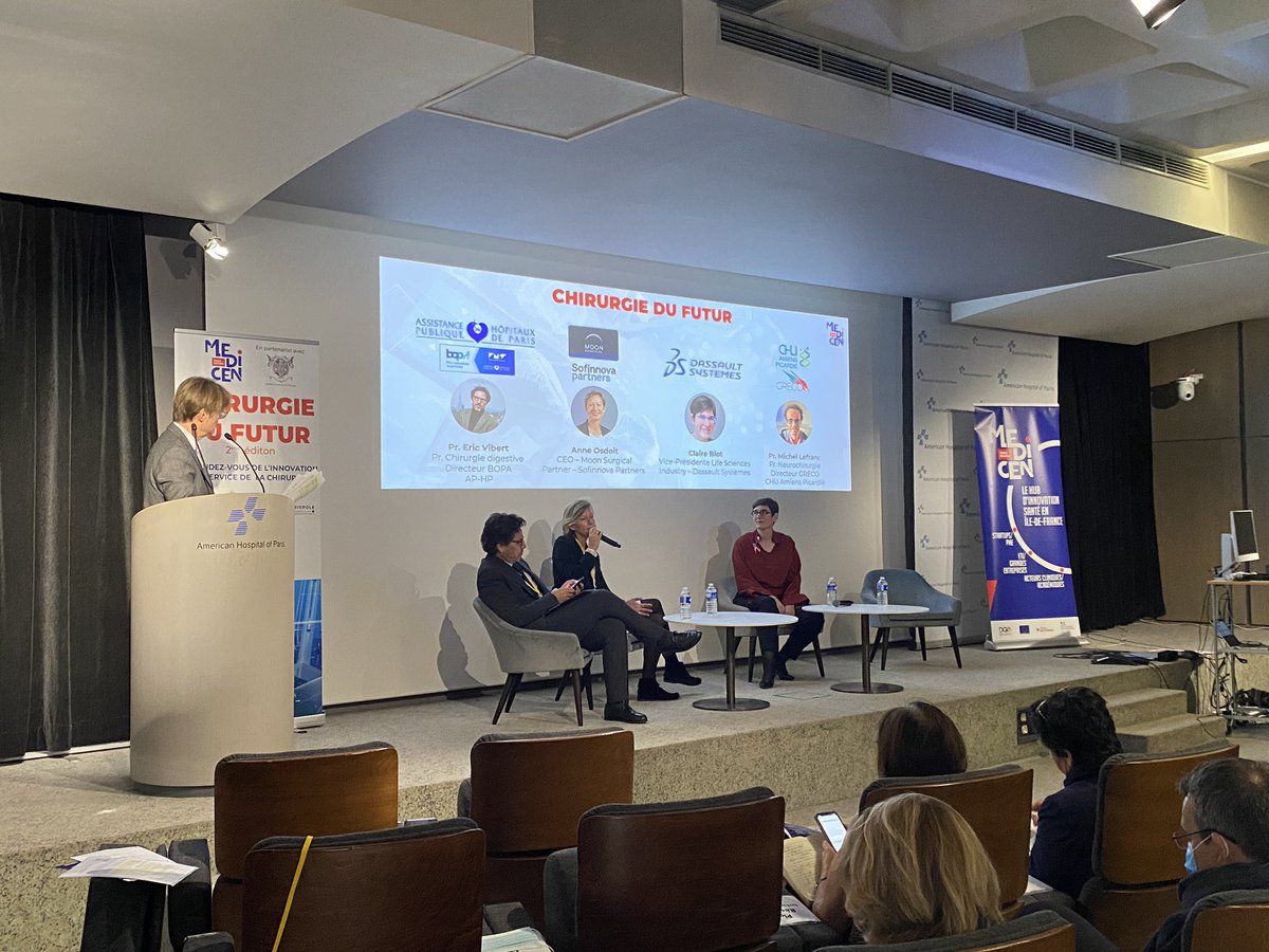 Pole_Medicen's tweet photo. Première table ronde de #ChirurgieDuFutur « 2051, l’Odyssée de la Chirurgie » avec Pr @Eric_Vibert, Anne Osdoit CEO de #MoonSurgical, Claire Biot VP Life Sciences Industry Dassault Systèmes, et Pr. Michel Lefranc Directeur GRECO https://t.co/ZcFVDgjJ5V