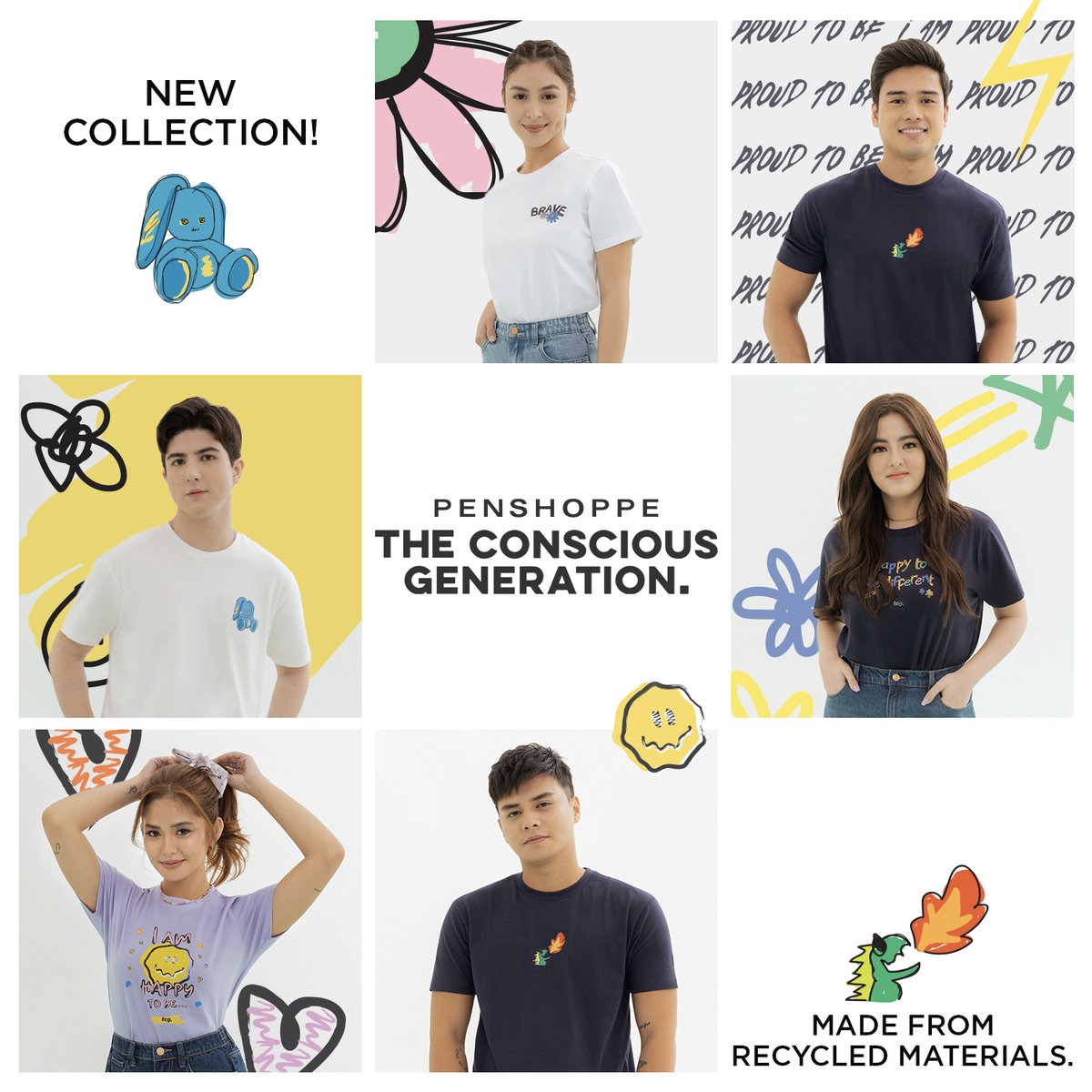 PENSHOPPE's tweet photo. Express yourself in fun new designs and styles from The Conscious Generation! 🖍️

Club Pen’s Julia Barretto, Marco Gumabao, Cassy Legaspi, Mavy Legaspi, Loisa Andalio, and Ronnie Alonte wear statement styles made from recycled materials. ♻️

🔗https://t.co/cA6yVxSHBA

Shop now! https://t.co/XzbVnOvJWd