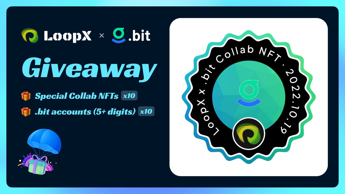 🤝Glad to announce our new partner @loopx_web3 A #Web3 social and content platform 🎁10 * Collab #NFTs 🎁10 * .bit accounts(5 digits+) ✅ Follow @dotbitHQ & @loopx_web3 ✅ Join DC discord.gg/did & discord.gg/C9dbNJkbD7 ✅ RT & Tag 3 #Giveaway #DID #DID #airdrop