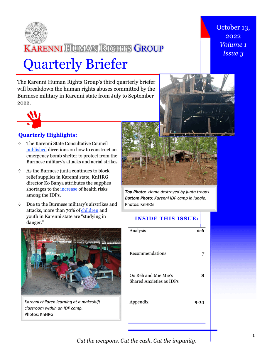 PVamplify's tweet photo. A quarterly report by the #Karenni Human Rights Group on the human rights abuses committed by the #Myanmar military in Karenni State from July to September 2022.

full report: https://t.co/y53PUMW3ug

see all publications by KnHRG: https://t.co/szZmJDufjS
#WhatsHappeningInMyanmar https://t.co/HAW3GkXi2M