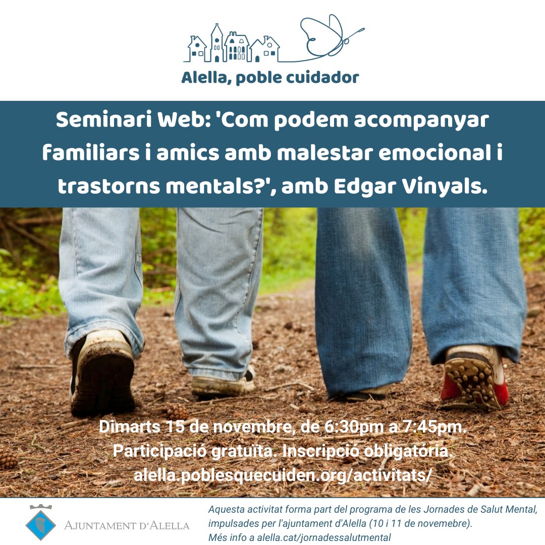 Com podem acompanyar familiars i amics amb malestar emocional i trastorns mentals? 

En parlem amb l’Edgar Vinyals, el dimarts 15 de novembre de 6:30 a 7:45, via Zoom. 

👉 Inscripcions a alella.poblesquecuiden.org/activitats/web…

<a href="/ajalella/">Ajuntament d'Alella</a> <a href="/laserretaalella/">Escola La Serreta</a> <a href="/escola_fabra/">Escola Fabra</a> <a href="/InsAlella/">INS Alella</a>