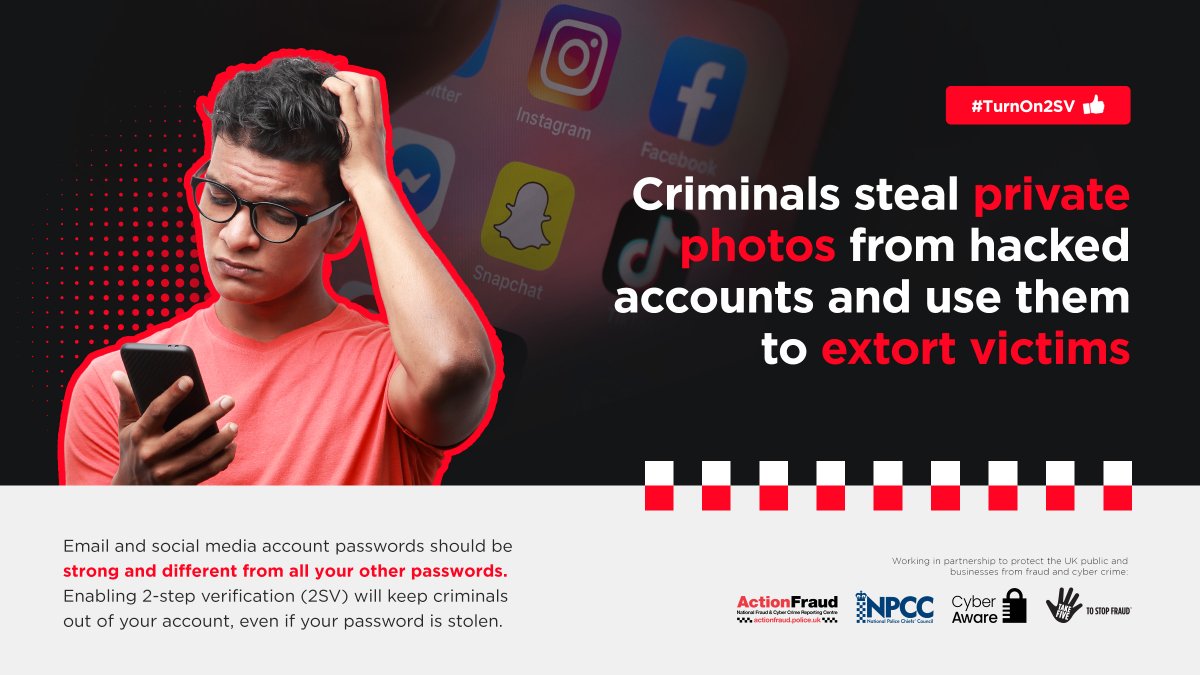 ⚠️Criminals used stolen personal photos and videos to extort victims into promoting scams to their social media followers.

Enabling 2-step verification on your account can keep criminals out, even if they know your password: ncsc.gov.uk/cyberaware/home

#TurnOn2SV