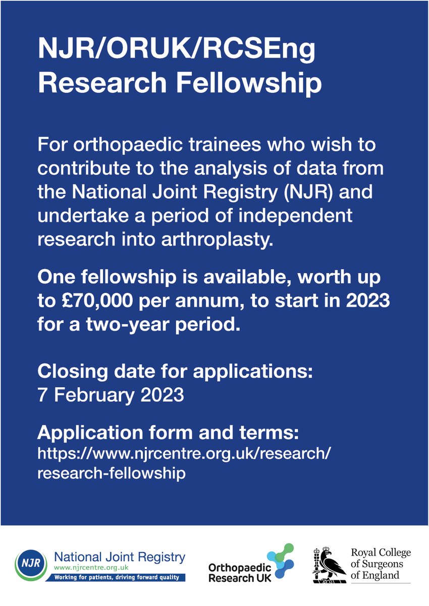 We welcome applications from orthopaedic trainees who wish to contribute to the analysis of data from the National Joint Registry and undertake a period of independent research into arthroplasty. More info njrcentre.org.uk/research/resea…