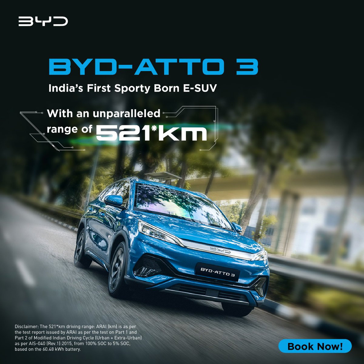 KUNBYDHYD's tweet photo. Long drives or treading paths less explored, the BYD ATTO-3 is ready for it all. 
An unparalleled Ultra-long Range of 521 km in a single charge. Experience comfort, safety, and sustainability in India's first sporty born E-SUV.
#UltraLongRange #BYDATTO3 #Atto3 #BYD #BYDIndia https://t.co/45OhsXRPrG