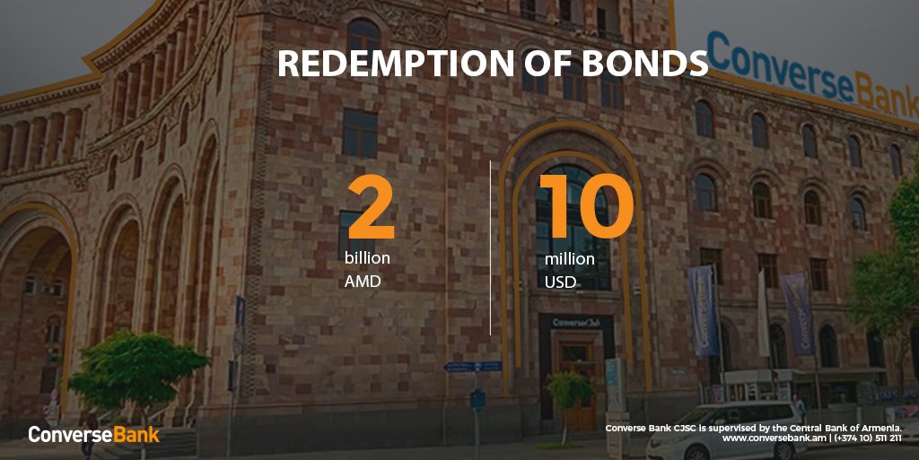Converse Bank has carried out another redemption of bonds in total volume of 1 billion AMD and 5 million USD. The allocation of these bonds was carried out in a fairly short period of time, which indicates the investors` confidence in the Bank.