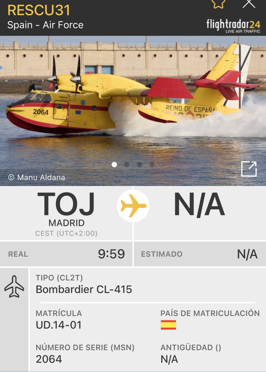 AvistamientosA's tweet photo. 🔴Bombardier CL-415 (UD.14-01/43-31) del #43Grupo del Ejército del Aire y del Espacio 🇪🇸 “RESCU31” saliendo de la base de Torrejón de Ardoz #Madrid rumbo a las provincias de #Ourense y #León en misión de RESCATE de una avión de extinción de incendios forestales desaparecido ayer. https://t.co/3FwL3mqG93