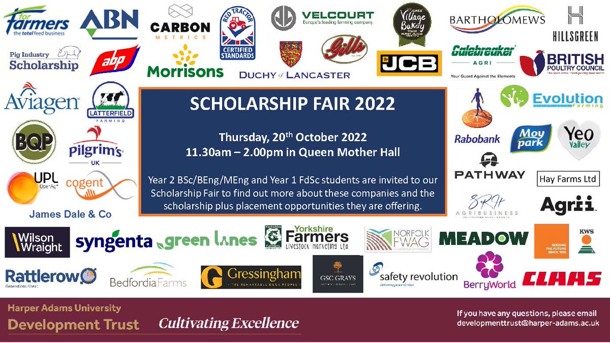 It's Scholarship Fair day at Harper Adams University! Welcome to all our longstanding and new industry partners who are offering a varied range of placements plus generous scholarships to our students across a number of course areas #ScholarshipFair #NextGen #IndustryPartnerships