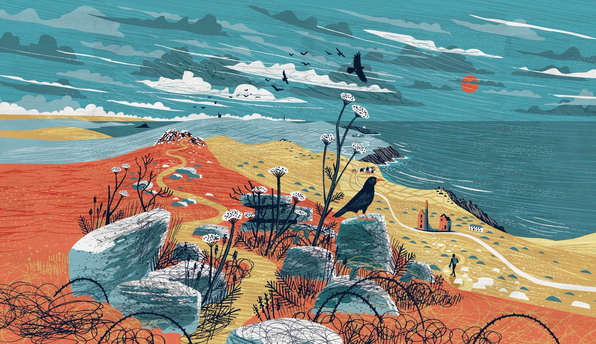 Tim_Hannigan's tweet photo. Here's the cover art (by Matt Johnson, link in reply below) for my upcoming book, #TheGraniteKingdom: A Cornish Journey (@HoZ_Books May 2023). This is the full jacket wrap without the text and I absolutely love it! He's captured the ocean-encircled quality of Penwith brilliantly. https://t.co/mUqUSeTV6x