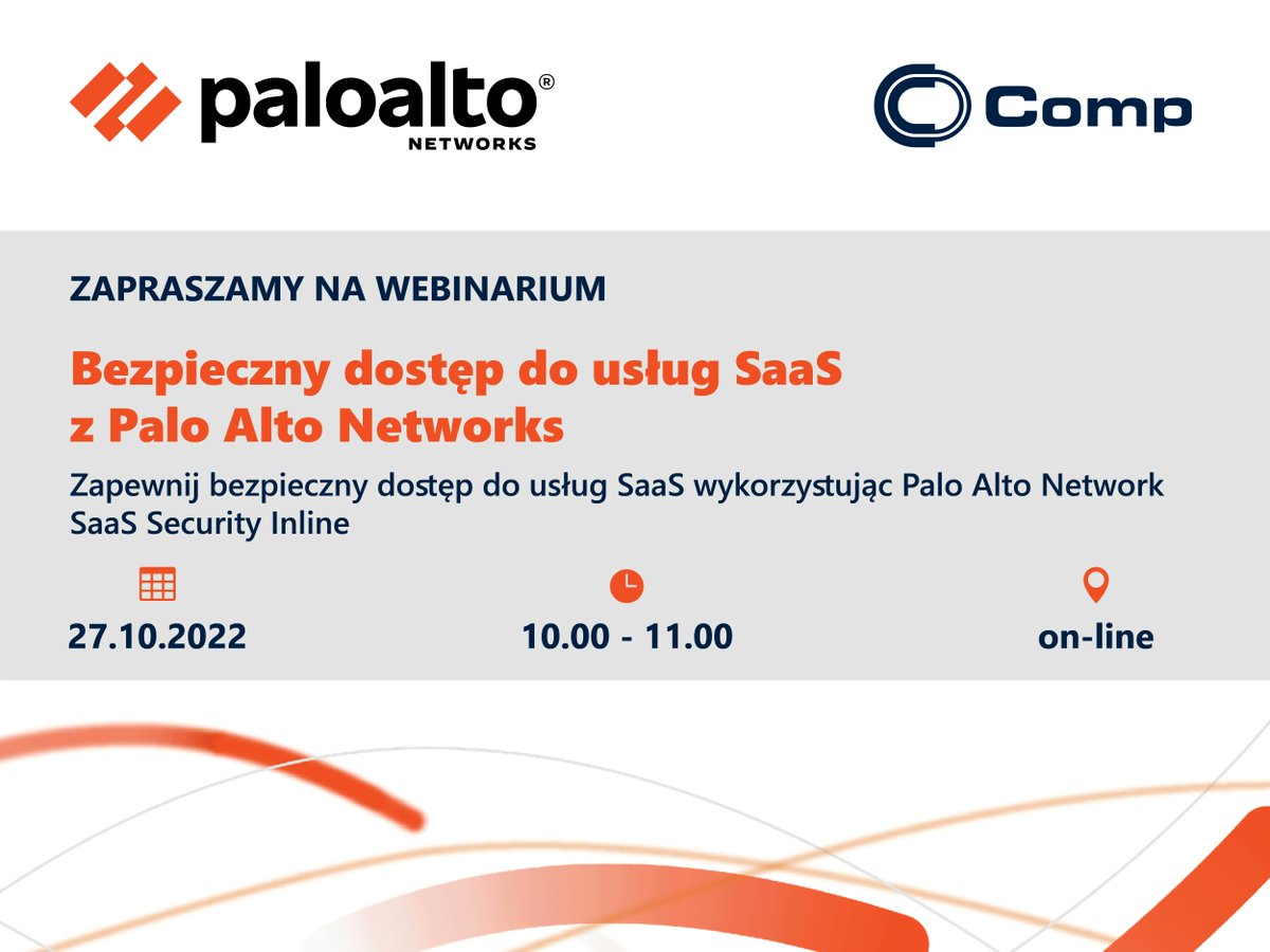 COMPSA_official's tweet photo. 🔊Zapraszamy do rejestracji na kolejny webinar: Bezpieczny dostęp do usług SaaS z Palo Alto Networks🖥️
📅 27 października 2022 (czwartek)
🕙 godz. 10:00 - 11:00
🔗Rejestracja https://t.co/BPcCfLF5Gc
#webinar #comp #paloalto #paloaltonetworks #SaaS #MSOffice365 #aplikacja https://t.co/Yw1ktfRKQF