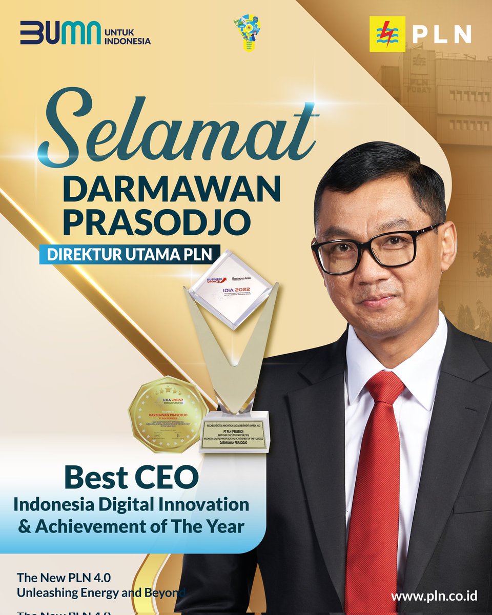 _pln_id's tweet photo. Electrizen, buah manis dari Transformasi dan Digitalisasi, PLN berhasil menyabet lima penghargaan Indonesia Digital Innovation and Achievement Award 2022 Bussines Asia Indonesia, Rabu (19/10) di Jakarta. 

#PLN #UnleashingEnergyandBeyond #PLNAchievements #PLNUntukIndonesia https://t.co/BtsO3HXaYH