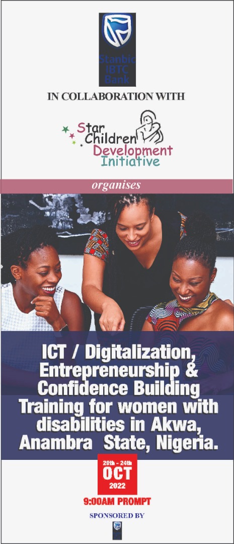 StarChildrenINT's tweet photo. It is happening today, Star Children Development Initiative in partnership with @StanbicIBTC organises ICT/Data analysis, Entrepreneurial skills &amp; Confidence Building Training for Women with Disabilities in Akwa, Anambra State. Thank you @StanbicIBTC for sponsoring  this training https://t.co/DKYswemjiw