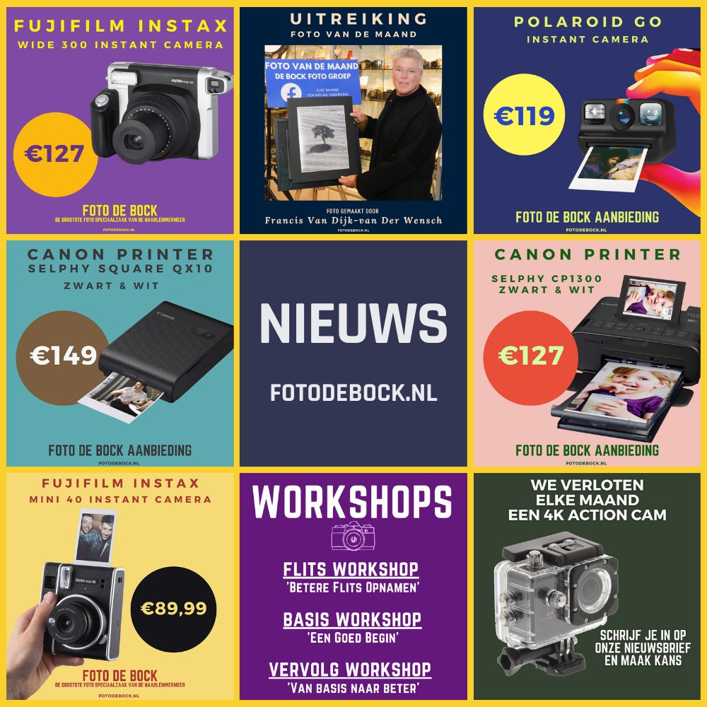 #FotoDeBock #Nieuws 20-10-2022

fotodebock.nl/foto-de-bock-n…

WIN EEN ACTION CAM: eepurl.com/bMYXKn

#InstantCamera #CanonFotoPrinters #Uitreiking #FotoVanDeMaand #KassaKortingen #Actie #Workshops #FotoDeBockNieuws