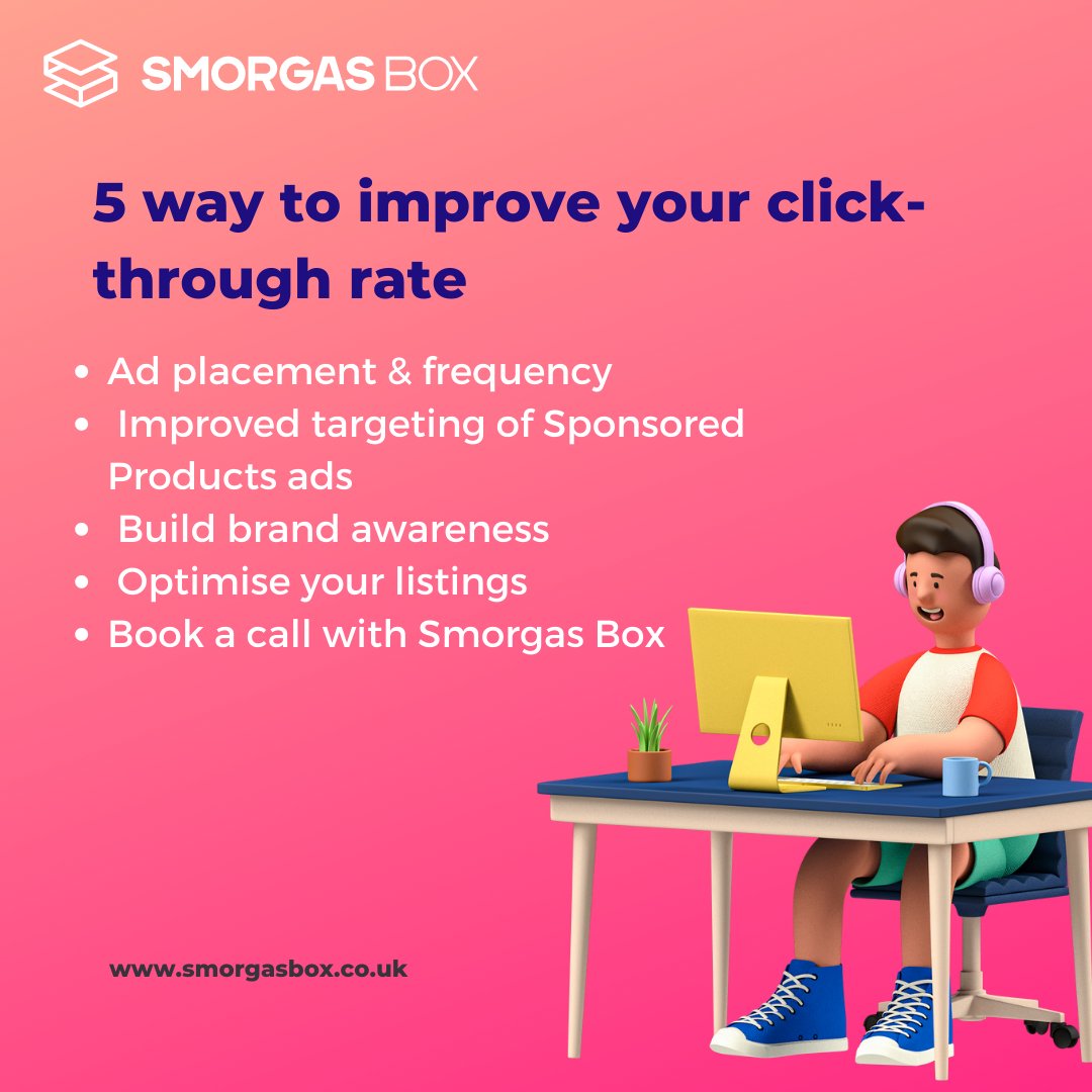 SmorgasBox's tweet photo. What’s click-through rate? When a user clicks an ad that takes them to the product detail page this generates an impression. The click-through rate is the % of impressions received from the https://t.co/5oWJqgknKq learn more read our blog on our website.c#marketing #amazon https://t.co/HJ9vyXx5jO