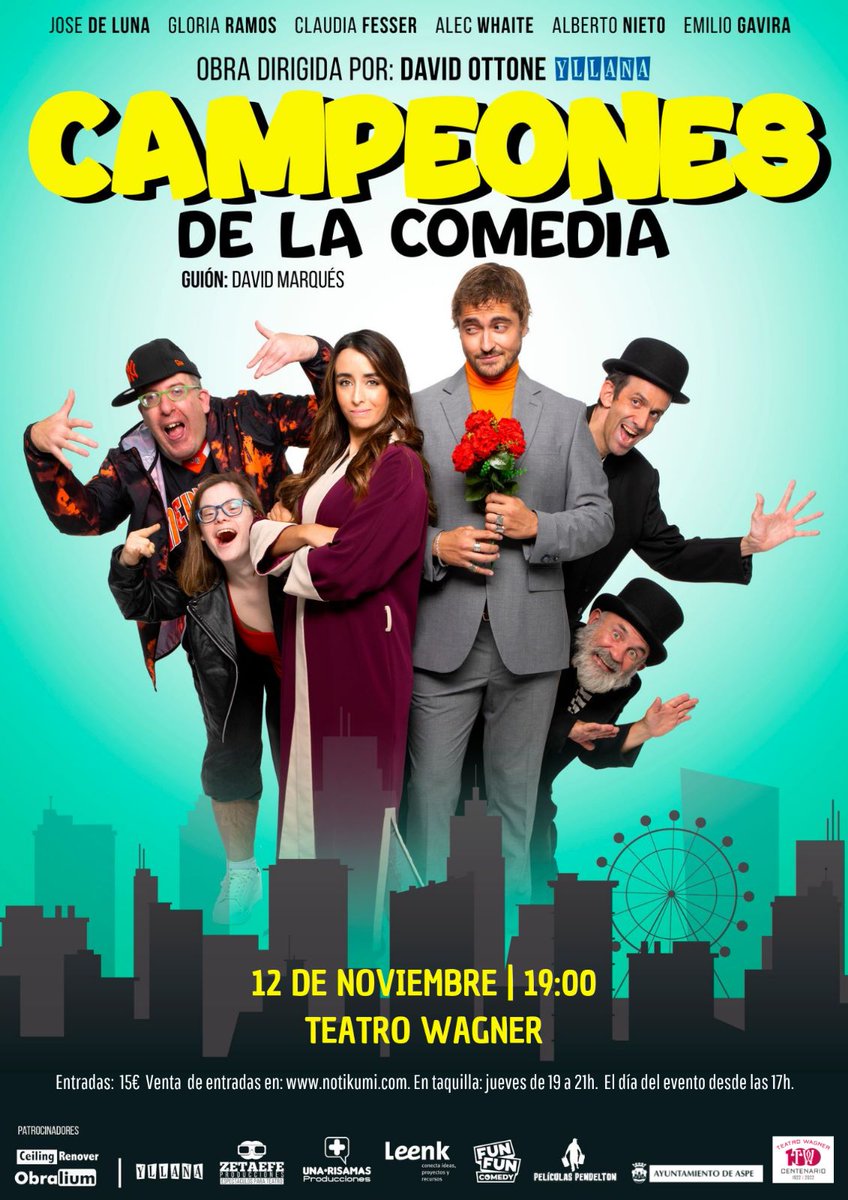 aytoaspe's tweet photo. Campeones de la comedia

📆12 de noviembre
🕐19:00h
📍Teatro Wagner

🎫Entradas 15€
🎫Ventra de entradas
🌐https://t.co/fj1Smns6j0

🎫En taquilla
🎫Jueves 19 a 21h
🎫El día del evento desde las 17h https://t.co/2zszWG5ry7
