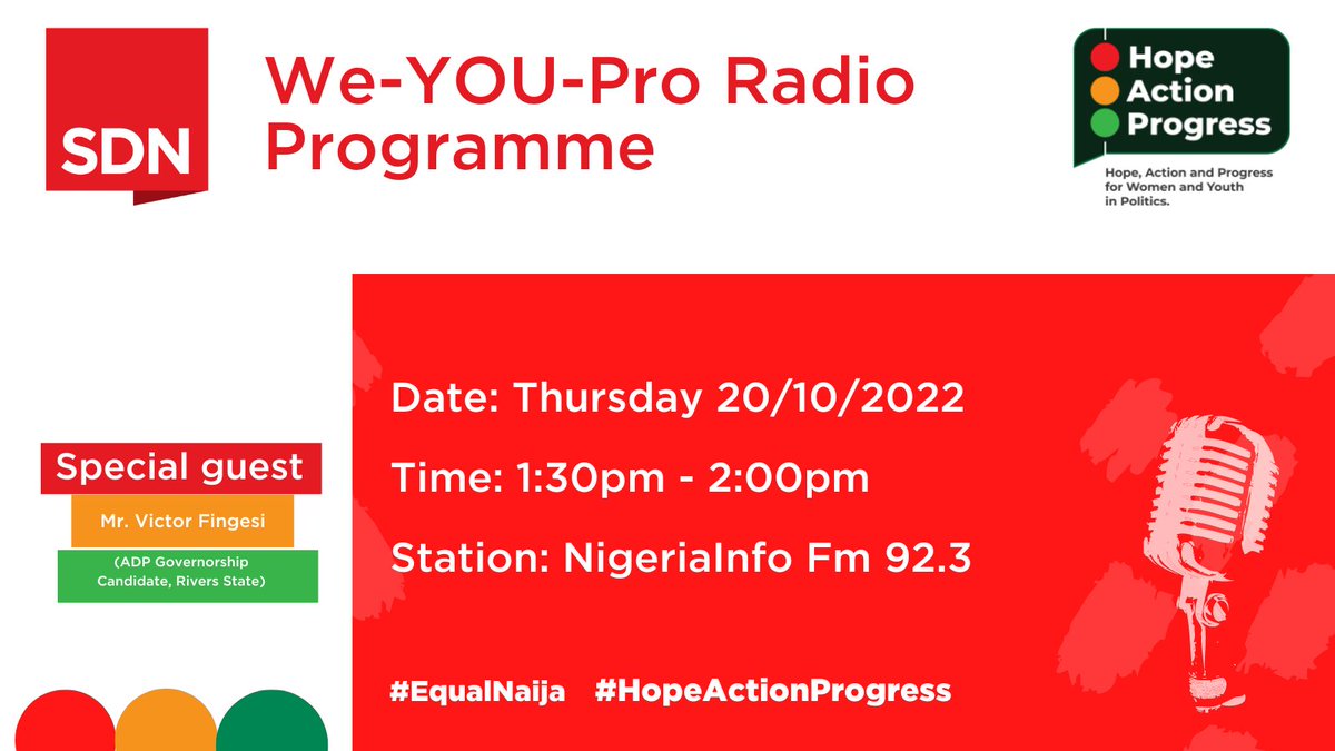 SDNNigerDelta's tweet photo. Today on the #WeYOUProRadioProgramme on @NigeriaInfoPH 92.3 Fm, we will be having the Governorship Candidate of ADP Mr. Victor Fingesi. He will be sharing his agenda for Women, Youths & PwDs in Rivers State.
Time: 1:30pm-2:00pm.
Tune in and join the conversation.
#EqualNaija https://t.co/3P00DHQ0vk