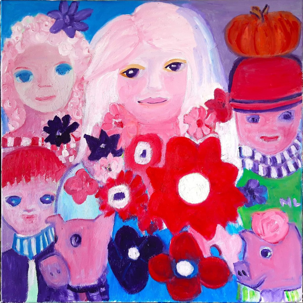 Hakflak's tweet image. #OggiCosi
#buonagiornata❤️
#20ottobre
#redhair
For all my Twitterfriends💯
#art Marijke, 
Un tenera amore fra 2  pigs  felicissimi insieme ai loro amici…
#oilonbord #deepcolors, #zucca #fiori #felicita #aspettando #halloween