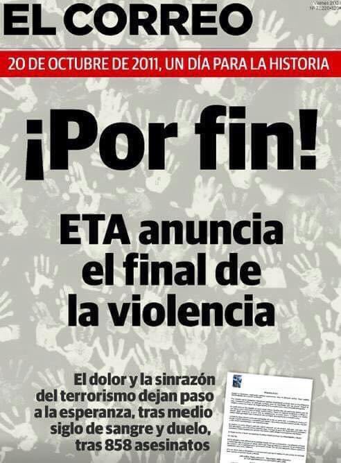 BorinagaP's tweet photo. Esto pasó hace 11 años. Ese 20 de octubre de 2011, mientras brindabamos por el fin del terror y de la sinrazón, nos acordamos de quienes ya no estaban y NUNCA debieron irse. Ninguna ideología, creencia o aspiración política podrá justificar NUNCA la violencia, ¡NINGUNA! #FinDeETA https://t.co/2Pb6qVCbZc