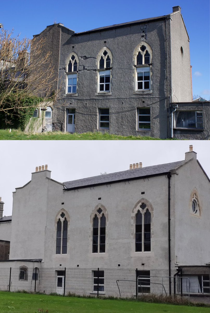 GrangegormanDev's tweet photo. The Clock Tower Stabilisation Works have reached substantial completion - what a difference! A lot of careful conservation was carried out to safeguard the building until a full restoration can take place as part of a future project. #TolmacConstruction @FKParchitecture https://t.co/k7X0h6u8dt