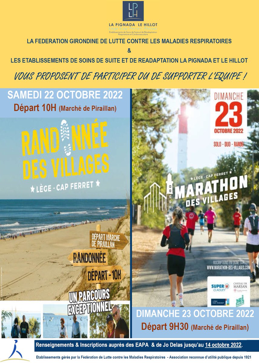FGLMR's tweet photo. La Fédération Girondine de Lutte contre les Maladies Respiratoires et ses établissements SSR La Pignada / Le Hillot à la randonnée et au marathon des villages du Cap Ferret les 22 et 23 octobre 2022. Animations sur le stand de la FGLMR https://t.co/vgJb8xA3gi