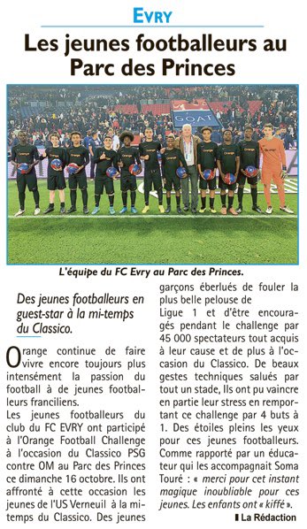 PhilippeWolak's tweet photo. Vu dans la presse ce jour @LeRep91 retour sur la présence des jeunes joueurs du @VilledEvryCourc au Parc des Princes pour le Classico #OrangeFootballChallenge @OrangeIDF @TeamOrangeFoot #OrangePasseurdEmotions @calonne_jluc @beaudetstephane @Gregory_FAURE https://t.co/ayJcW41GYL