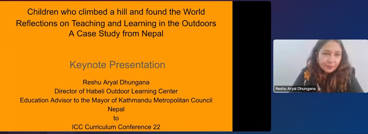 We heard from Keynote Reshu Aryal, Director at Habeli Outdoor Learning Centre. We learned about the centre, how students were immersed in local nature, and how understanding the landscape and animals in this environment encouraged enthusiasm. #ICC22