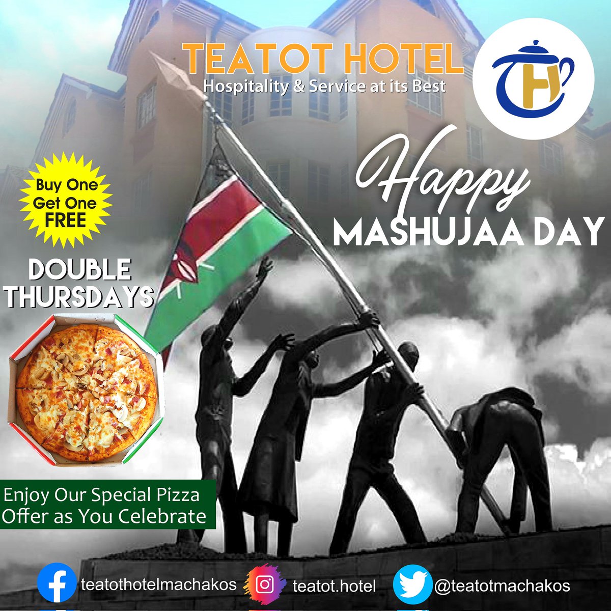 teatotmachakos's tweet photo. We wish all our Customers Happy Mashujaa Day.
Do not forget to grab your Pizza today as you celebrate.
Buy one get one FREE.
#DoubleThursday #Pizza #masgujaaday #celebration #Thursdays #offers #teatot https://t.co/EdmT7D9qHd