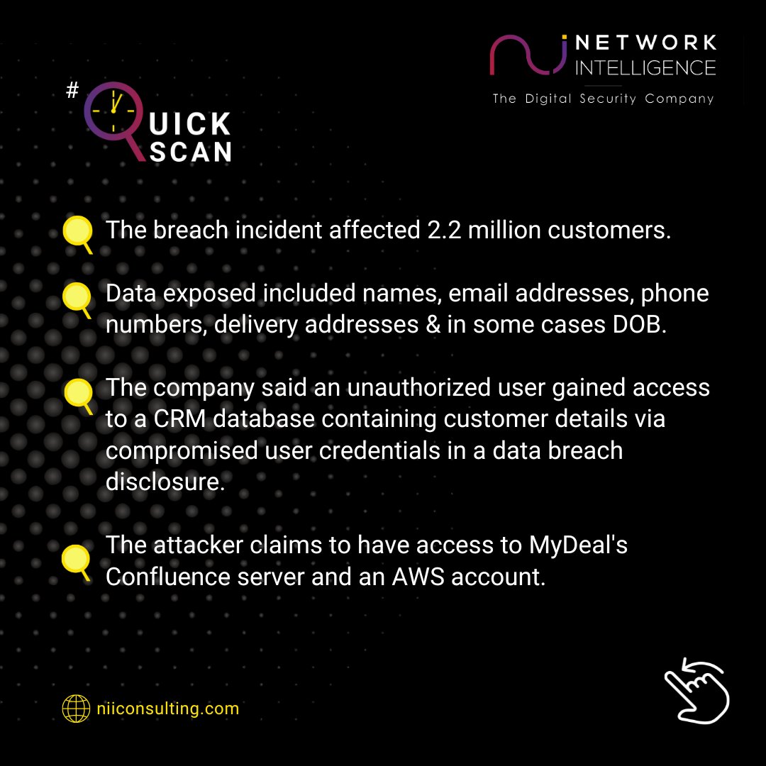 niiconsulting's tweet photo. #QuickScan: Australia's MyDeal online marketplace suffered a data breach

Read More: https://t.co/FSaocH9vnk

#Cybersecurity #NetworkIntelligence #Threat #CyberAttacks #Technology #DataBreach #MyDeal #Vulnerabilities #CRM #CybersecurityAwareness https://t.co/akRJVdFBkq