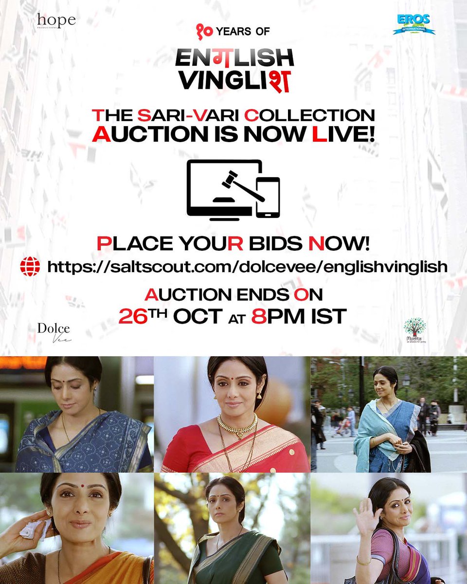 HopeProdn's tweet photo. Srideviโs Sari-Vari Collection Auction is now live!
Place your bid now!
๐ https://t.co/CG8Gx0wVzL
Auction ends on 26th Oct at 8PM IST.
#10YearsOfEnglishVinglish #SariVariAuction #Auction #OnlineAuction #CharityAuction https://t.co/EU2lYRFpH1