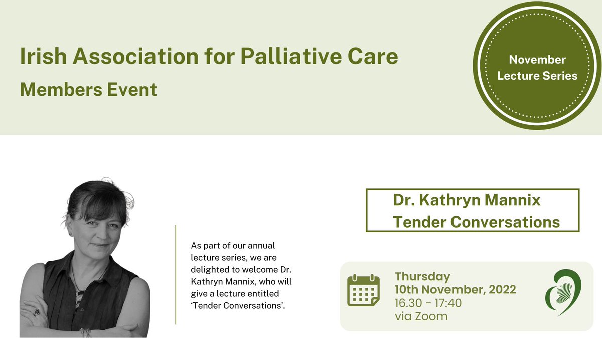 palliativeire's tweet photo. We are delighted to announce Dr. Kathryn Mannix as our speaker at the IAPC's Annual Lecture series on November 10th, with a webinar on "Tender Conversations".

Members, keep an eye out for your IAPC members newsletter for details on how to register for this fantastic webinar. https://t.co/ZzCTlyqtKV