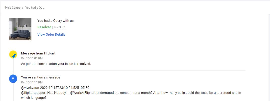 vivekvarat's tweet photo. @Flipkart @flipkartsupport what is this magic? The issue is unresolved but fake updates continue. @jagograhakjago @SleepyheadHQ https://t.co/tCLvedu2V2