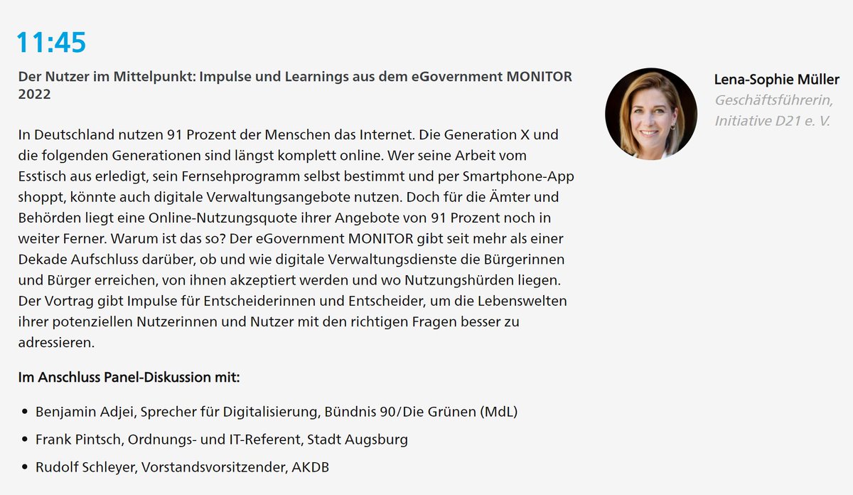Seid ihr beim @akdb_de-Kommunalforum? Ab 11:45 Uhr gibt D21-Geschäftsführerin <a href="/LSMueller/">Lena-Sophie Müller</a> im Auditorium einen Überblick über Erkenntnisse aus dem aktuellen #eGovMON 2022: Wie können wir die Lebenswelten potentieller Nutzer*innen besser adressieren?
akdb.de/veranstaltunge…