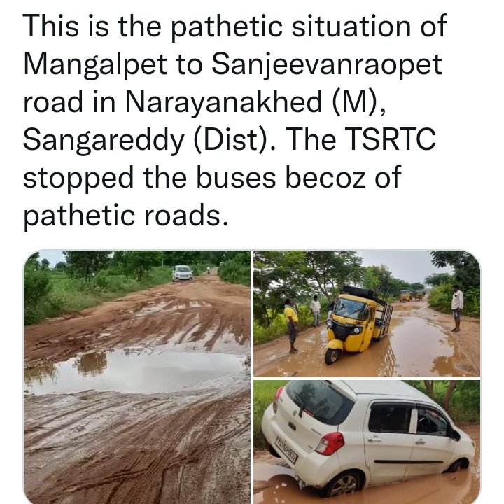 Anilkum73641016's tweet photo. @trsharish @JPNadda Requesting @trsharish @KTRTRS garu to take immediate action in the development of road. We spoke with Narayanakhed MLA Bhupalreddy garu multiple times but there is no proper action taken. The TSRTC also stopped the buses on this road. https://t.co/5E5e01Vahc