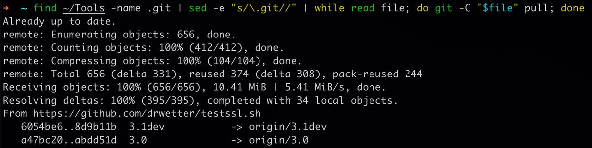 This oneliner will update all of your local Github repos [Security Tools]. A real time saver. find ~/Tools -name .git | sed -e 's/\.git//' | while read file; do git -C '$file' pull; done . . #infosec #bugbountytip #AppSec