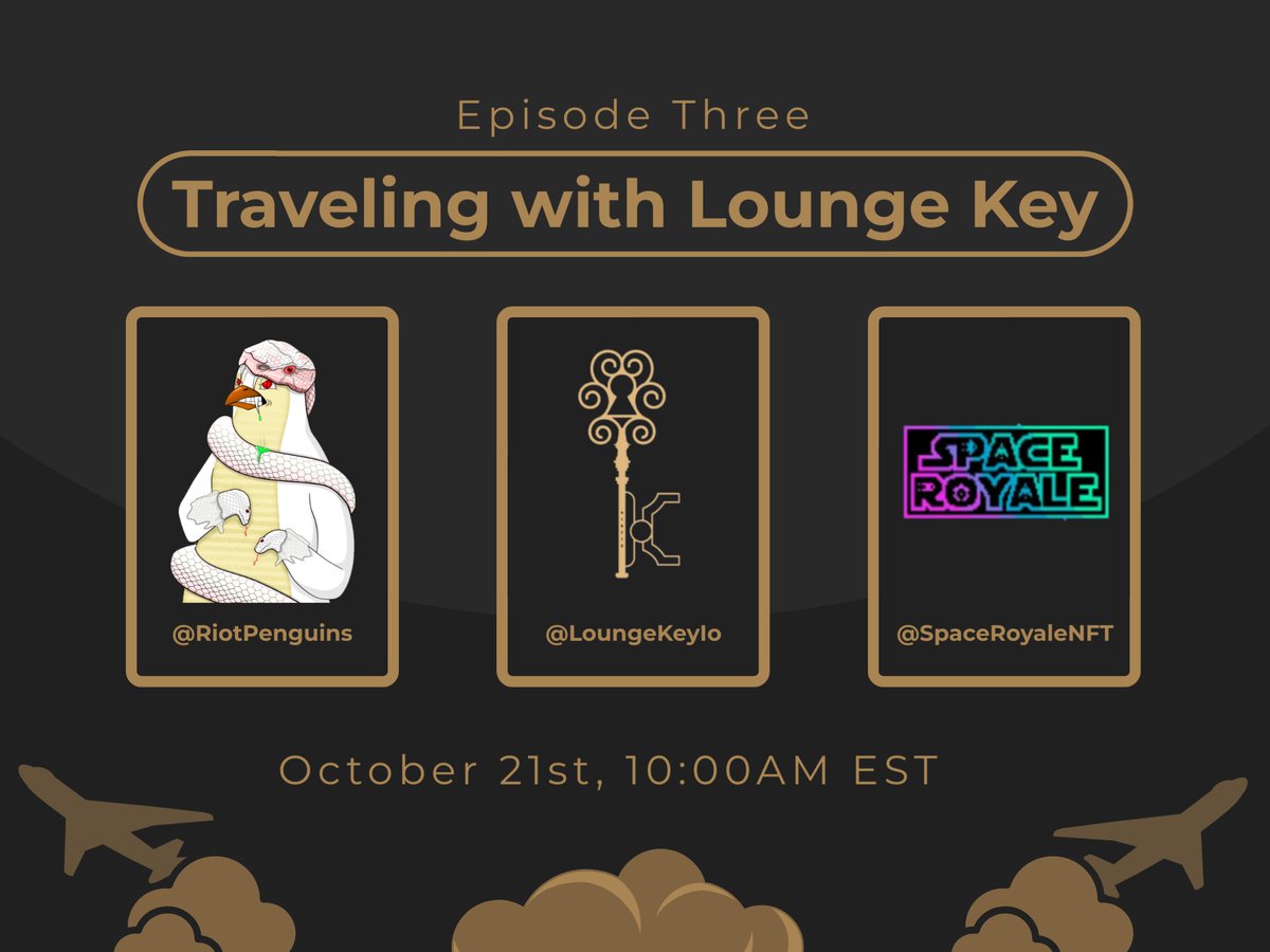Lounge Key -Book Luxury Travel With Tokens/Crypto (@loungekeyio) on Twitter photo Come on a trip with <a href="/LoungeKeyIo/">Lounge Key -Book Luxury Travel With Tokens/Crypto</a> as we visit <a href="/RiotPenguins/">RIOT Penguins | Europe's 1st NFT Holiday Resort</a> and <a href="/SpaceRoyalenft/">SPACE ROYALE</a> on Friday the 21st @ 10am EST
#Web3 #Travel vs Holiday Resort vs MMO Gaming we are going to touch a broad spectrum of industries moving into the Web3 Space, come have a listen
x.com/i/spaces/1rmxP… Come on a trip with <a href="/LoungeKeyIo/">Lounge Key -Book Luxury Travel With Tokens/Crypto</a> as we visit <a href="/RiotPenguins/">RIOT Penguins | Europe's 1st NFT Holiday Resort</a> and <a href="/SpaceRoyalenft/">SPACE ROYALE</a> on Friday the 21st @ 10am EST
#Web3 #Travel vs Holiday Resort vs MMO Gaming we are going to touch a broad spectrum of industries moving into the Web3 Space, come have a listen
x.com/i/spaces/1rmxP…