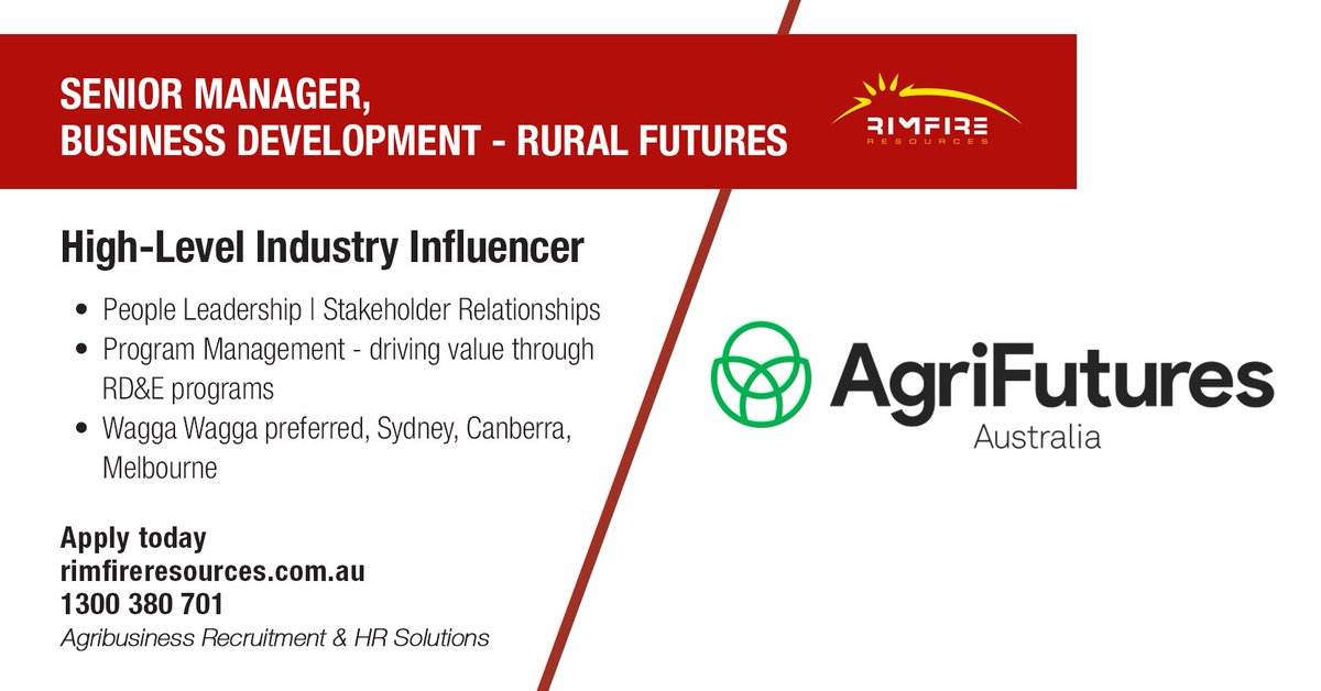 rimfireresource's tweet photo. Help future-proof Australian rural industries.
Apply today: https://t.co/pyuukSqXT6
#agrifutures #farming #busdev #agriculture #agribusiness #agjobs #jobs #rimfireresources https://t.co/W4oKfFzNjM