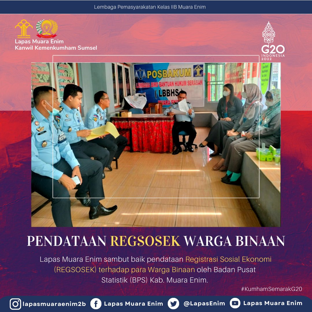 LPMuaraEnim's tweet photo. Regsosek merupakan pendataan seluruh penduduk yang mencakup seluruh profil dan kondisi sosial ekonomi. 
@Kemenkumham_RI 
@kumhamsumsel 
@LapasEnim 
#KumhamSumsel 
#LPMuaraEnim 
#HarunSulianto https://t.co/oPi5hRwTtI
