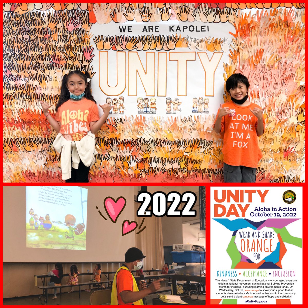 KapoleiElem's tweet photo. Our safe and nurturing environment for ALL with a unity pledge and handprints along with a read aloud at lunch time about acceptance and wearing orange 💕... united through kindness, acceptance, inclusion, and ALOHA! 🐬🧡 #UnityDay2022 
#WeAreKapolei
#HI4PublicEd #ChooseAloha https://t.co/ybkhV6zJrI