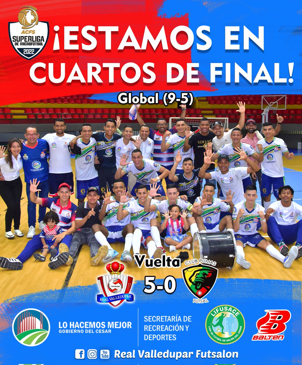 Realvalledupar's tweet photo. 🖐️⚽ | Con goles de Edgar Rodríguez, Rafael Rodríguez, Aramis García, Brayan Osipino y Luis 'El León' Peña, Real Valledupar se impuso de manera contundente 5-0 ante Pumas Futsal en el partido de vuelta de los octavos de final de la Superliga de microfútbol colombiano 2022. https://t.co/qvqkVEA9fi