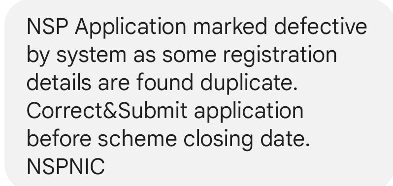 When a student applies for an NSP scholarship and uploads Xerox copies of the required documentation rather than the originals scanned images of the documents, the system sends the student the above displayed notification.