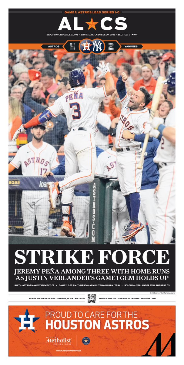 Thursday's <a href="/HoustonChron/">Houston Chronicle</a> #ALCS Game 1 cover. <a href="/coomerchron/">Brett Coomer</a> photo. #Astros