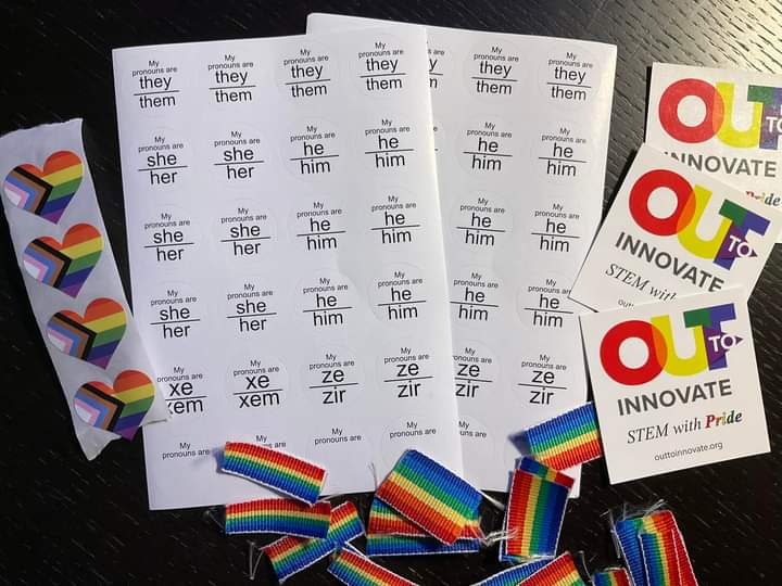 bikeham's tweet photo. If you are at the #societyofwomenengineers #WE22 Conference, stop by for pronoun stickers and other items to decorate your conference badges at the Out to Innovate booth, #2738 in the Diversity Society Center at the career fair.  #outtoinnovate @stem4equality https://t.co/v2f2rLzYft