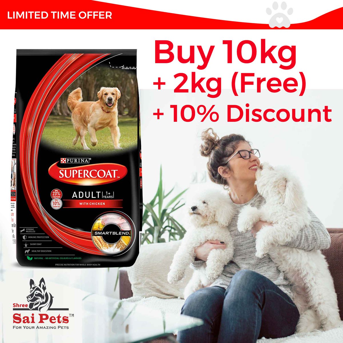 ShreeSaiPets's tweet image. DIWALI OFFER 🐶🐱🐦
PURINA SUPERCOAT Adult Dry Dog Food, Chicken
Buy 10Kg Pack + 2 Kg Free + 10% Discount

#Purina #Supercoat #DiwaliOffer #Offers  #FestiveOffers #Festival #Dealsandoffers #PetHappiness #grooming #catlover #ShreeSaiPets #PetProducts #PetShop #petslove