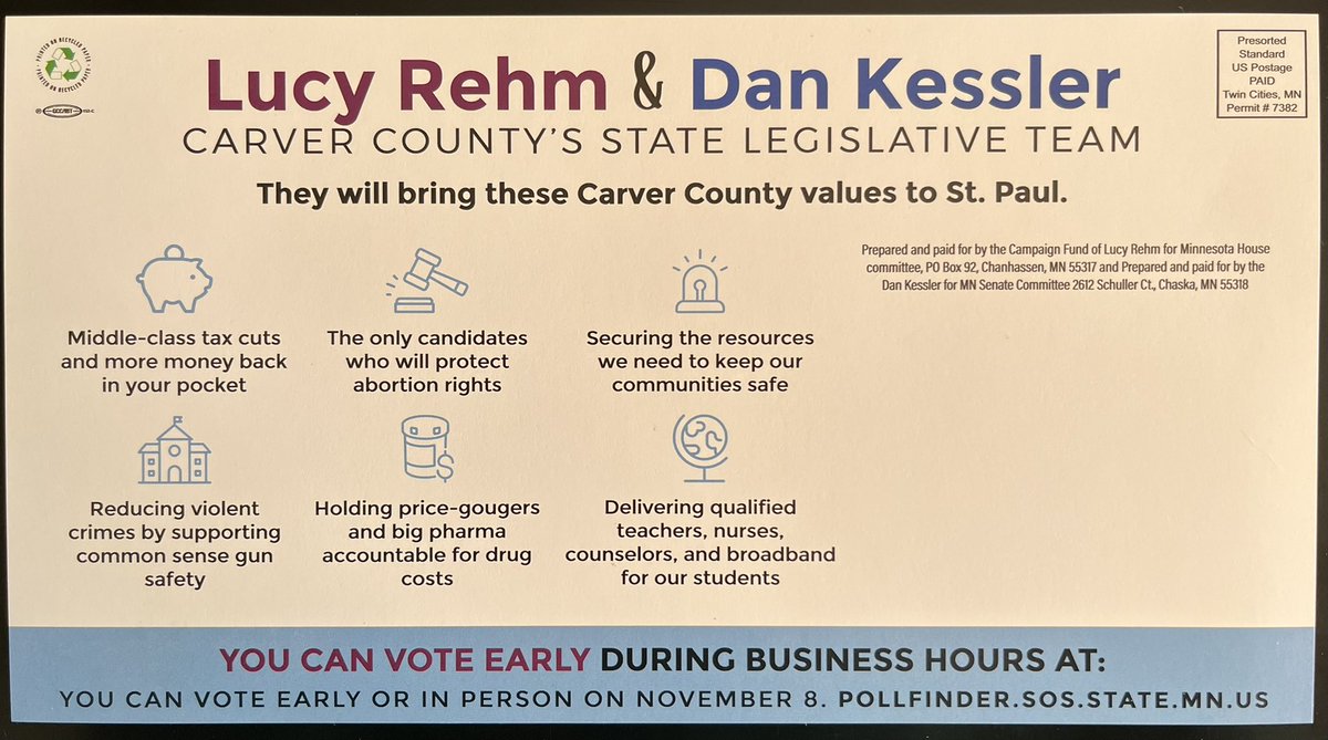 LucyRehmMN's tweet photo. Thank you, @IsabelRolfes, for bringing out your Team of LAs to knock in Chanhassen’s #48B today. Very grateful to receive so much support from the DFL House. Our joint mailer with @DanielNKessler looks amazing! The bag lunches looked great too! 👏🏻👏🏻👏🏻👏🏻👏🏻 #TeamDFL #LucyRehmMN https://t.co/aZdqQgoRGX