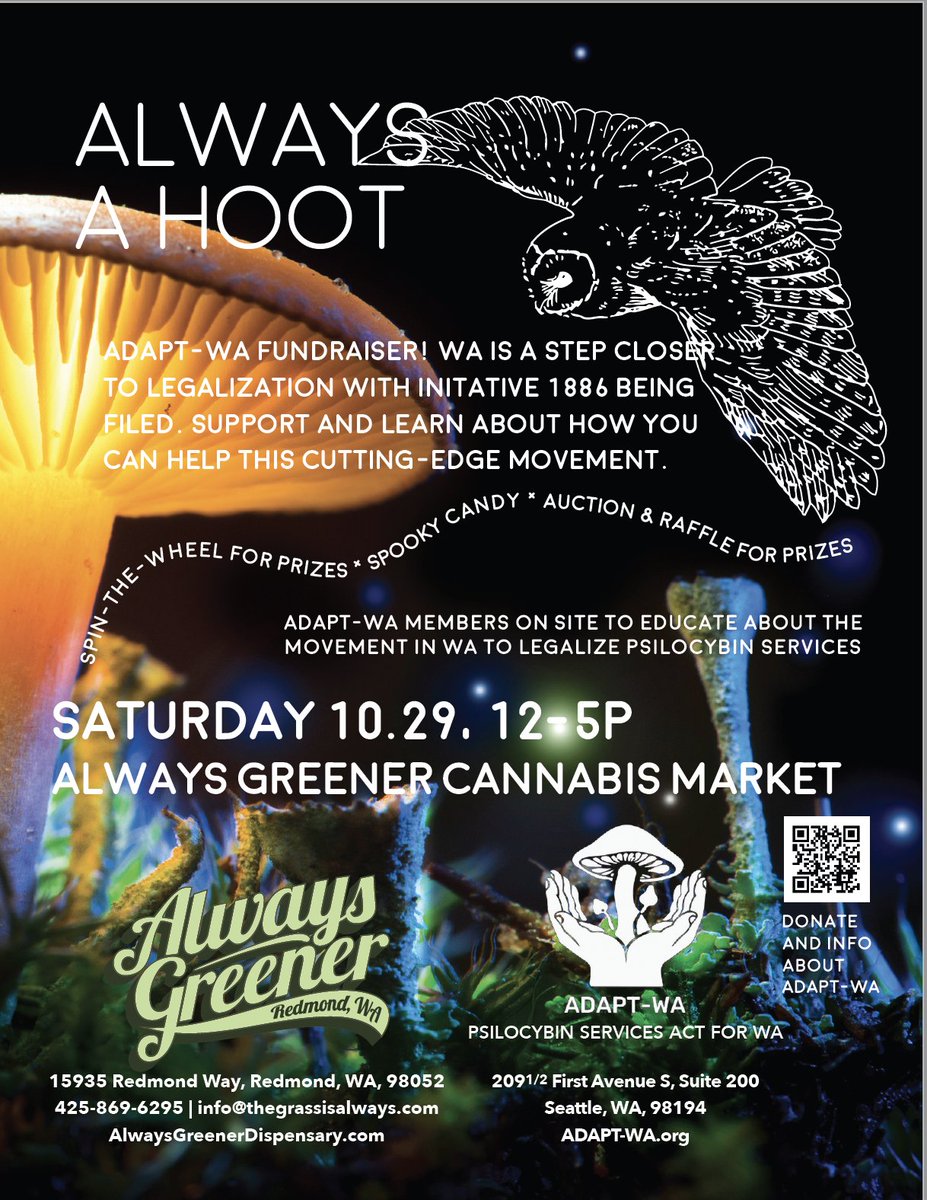 adapt_wa's tweet photo. Hello Plant Medicine Advocate!
We have a grassroots fundraiser coming up this month on Saturday, October 29, from 12-5 PM in Redmond, Washington, at Always Greener Recreational Marijuana Dispensary Redmond. 
Address: 15935 Redmond Way, Redmond, WA 98052
https://t.co/2T3YsQTxxd https://t.co/bADMs2mNXD