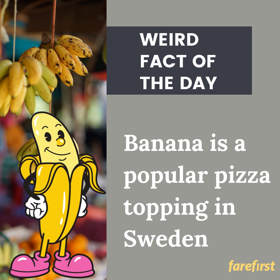 farefirst's tweet photo. Banana is a popular pizza topping in Sweden 🍕 🇸🇪
#FareFirst #cheapflights #travel #wanderlust #vacation #explore #travelblog #exploretocrea #banana #factoftheday https://t.co/QCkKp7gJSG