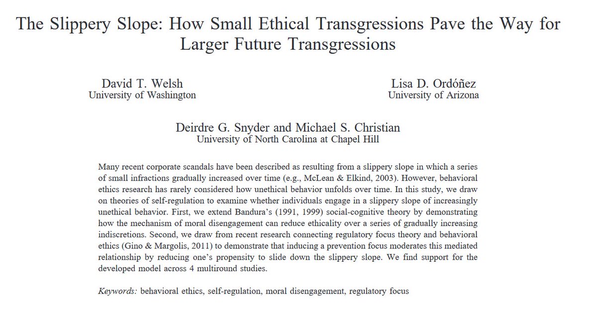 emollick's tweet image. Kant was right?
The slippery slope of ethical lapses is very real, this paper shows. People who are given the opportunity to engage in small ethical compromises are twice as likely to escalate to major unethical lapses. Holding to absolute ethical standards helps prevent a slide